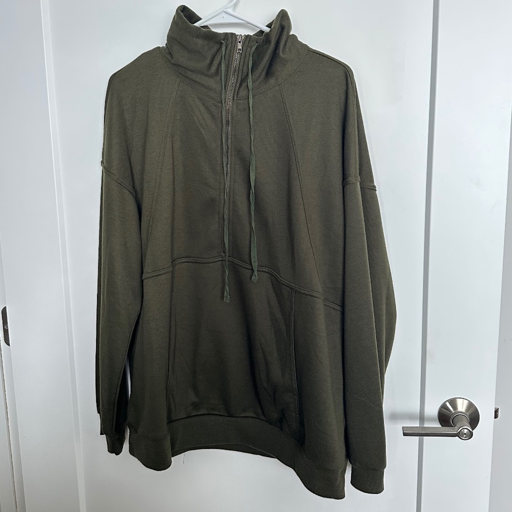 Olive Green PRETTYGARDEN Long Sleeve Lapel Zipper Sweatshirt